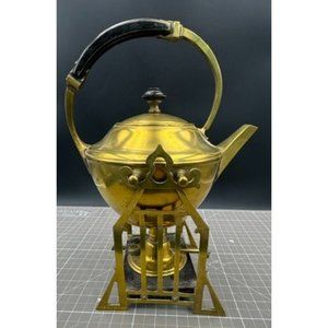 Vintage Manning Tilting Brass Alcohol Heated Tea Pot Wood Brass Stand